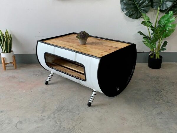 Couchtisch "Nino" in Weiß und Schwarz aus Upcycling Ölfass Möbel seitlich