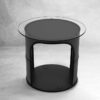 Oelfass Lounge Tisch in Schwarz mit Glastischplatte mit Kantenschutz vor grau meliertem Hintergrund