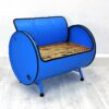 Upcycling Retro Sofa "Ella" in Blau – Nachhaltiges Oelfass Moebel mit Holz Sitzflaeche