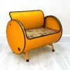 Upcycling Retro Sofa "Ella" in Gelb – Nachhaltiges Oelfass Moebel mit Holz Sitzflaeche