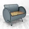 Upcycling Retro Sofa "Ella" in Grau – Nachhaltiges Oelfass Moebel mit Holz Sitzflaeche