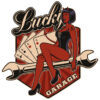 Retro Grafik "Lucky Garage" mit Teufel-Frau auf Schraubenschluessel - Tonnen Tumult Vintage