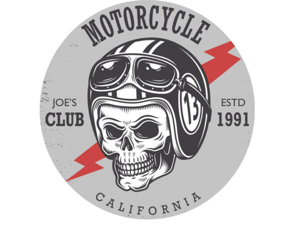 Retro Grafik "Motorcycle California - Joe's Club ESTD 1991" mit Motorradhelm-Schaedel - Tonnen Tumult Amerikana