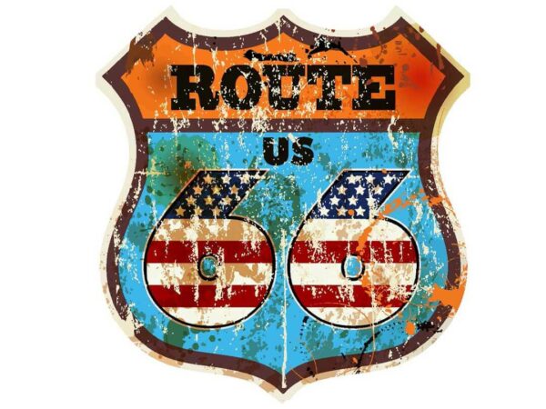 Rustikale Route 66 Grafik im Retro Amerikanischen Look mit amerikanischer Flagge - Tonnen Tumult Amerikana